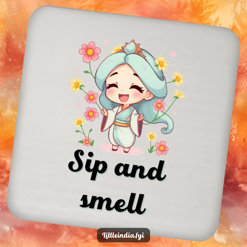 Funny drink coaster featuring a character juggling jasmine flowers, adding a touch of art and cheer.