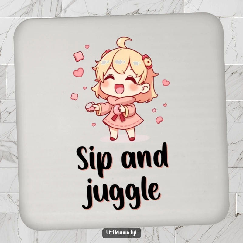 Funny Coaster: Gleeful character skillfully juggles tiny sweets, adding a splash of happiness and protecting surfaces. Excellent funny gift.