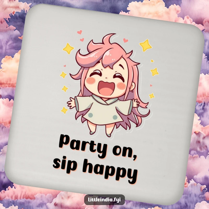 Funny Party Coaster: Jubilant character enjoying a lively atmosphere with excitement, protecting surfaces with a fun design.