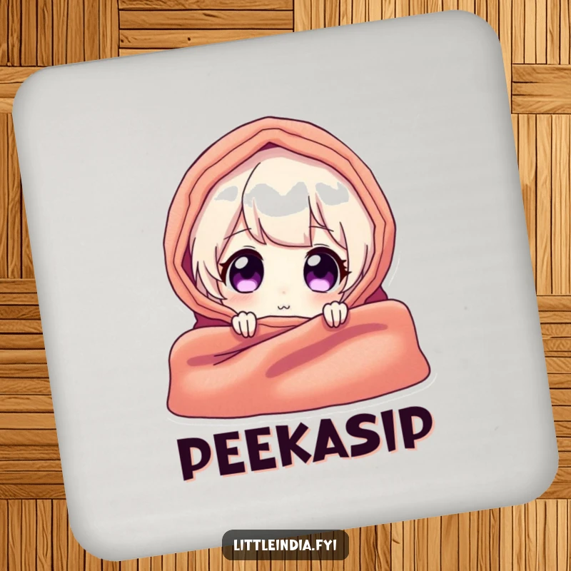 Funny drink coaster featuring a delighted character peeking from behind a vibrant textile, adding humor and surface protection with intrigue.