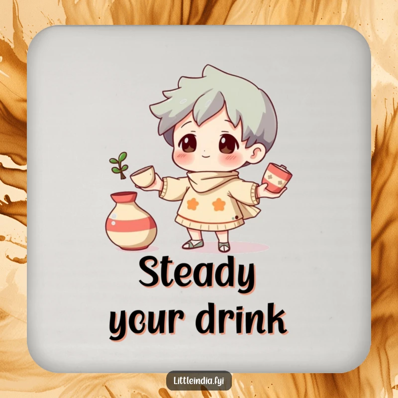 Funny Coaster: A curious character juggling small, decorative pottery pieces, protecting surfaces with artistic flair.