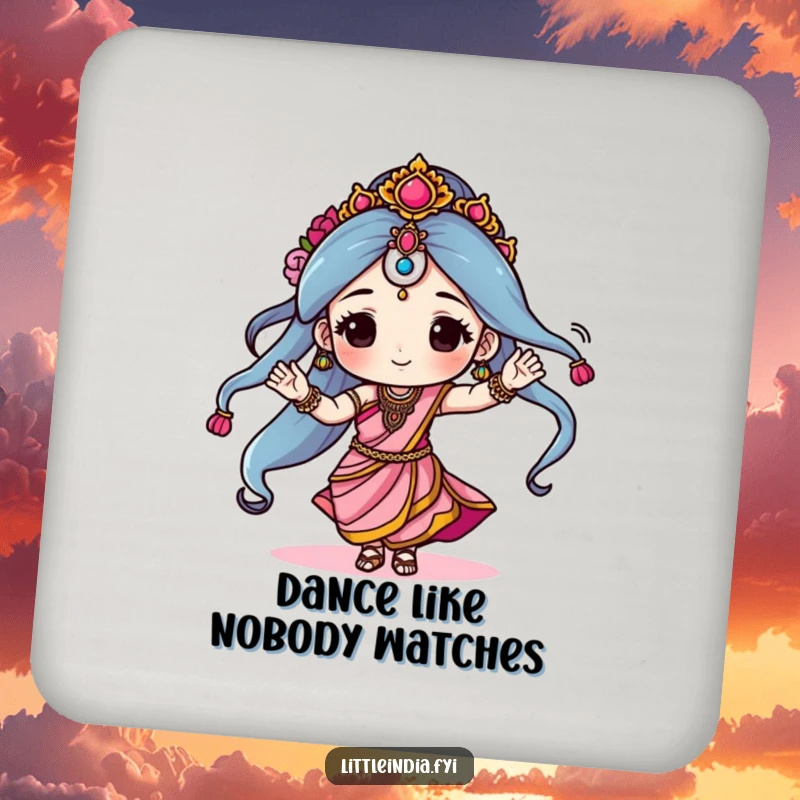 Funny drink coaster with a character dancing in a sari, protecting surfaces from moisture with a humorous and artistic flair, a delightful accent.