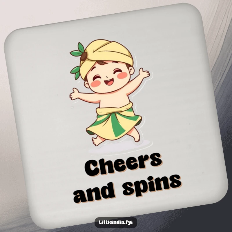 Funny drink coasters featuring a smiling sarong character captured in a dynamic and cheerful twirl.