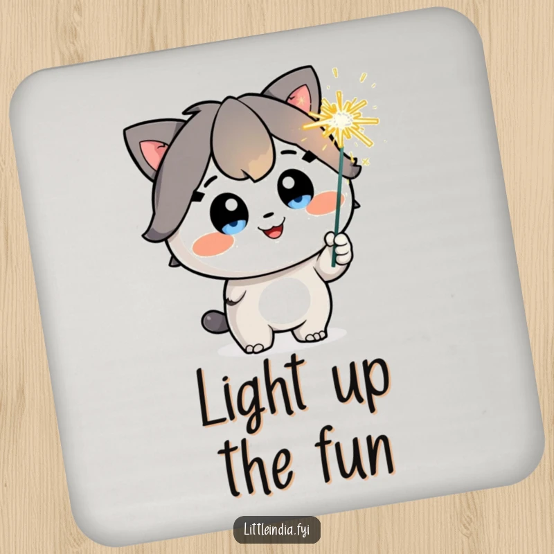 Funny Coaster: A happy character with sparkling eyes holds a playful sparkler, adding a festive touch to drink protection.