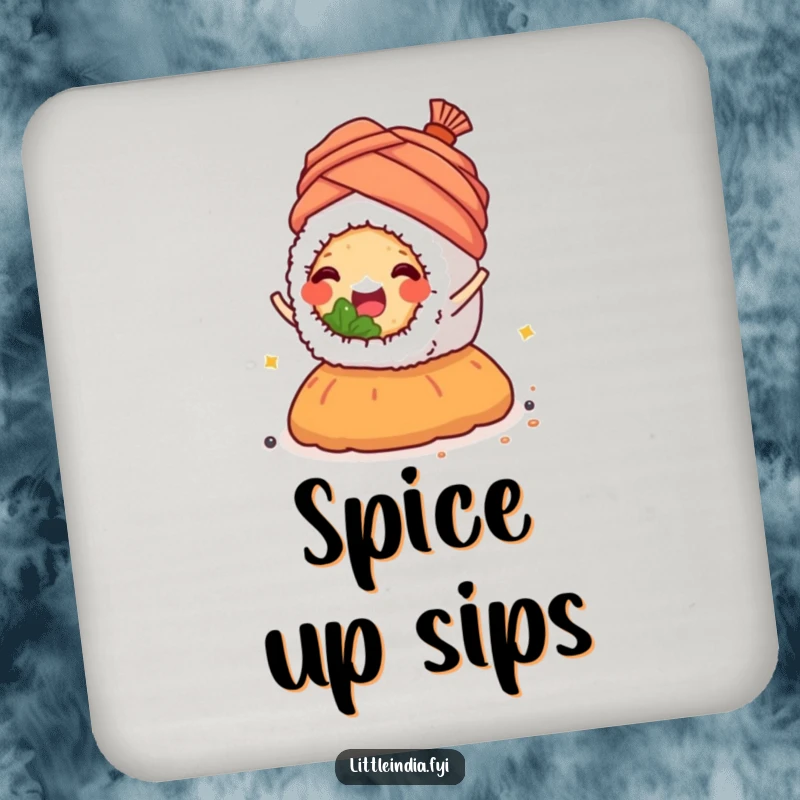 Happy sushi roll wearing a tiny turban, joyfully riding a spice mound, displayed on a drink coaster.