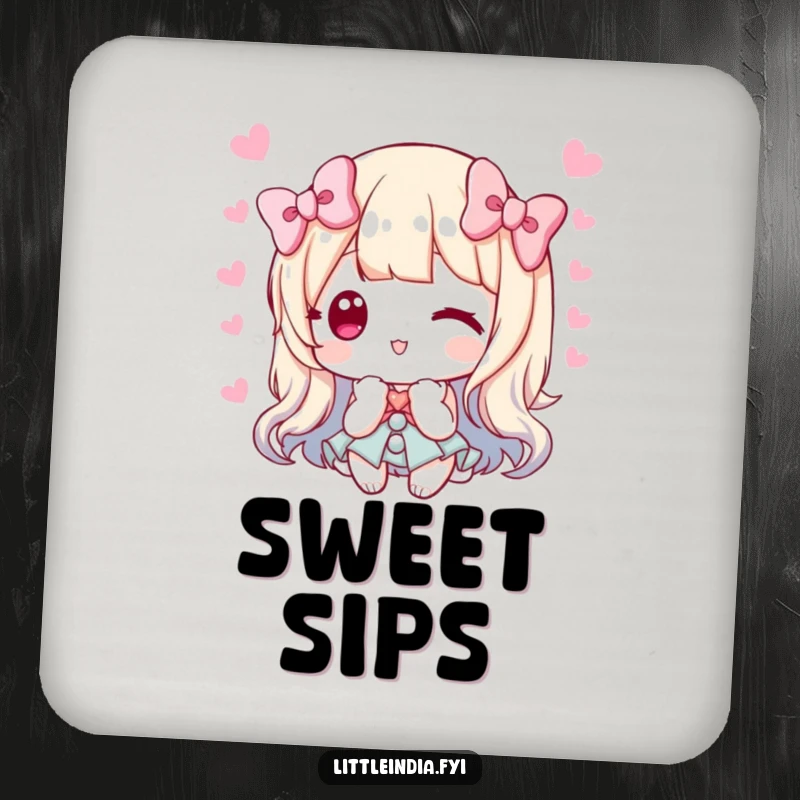 Funny drink coaster featuring a character offering sweets and bowing, adding a touch of elegance and kindness.