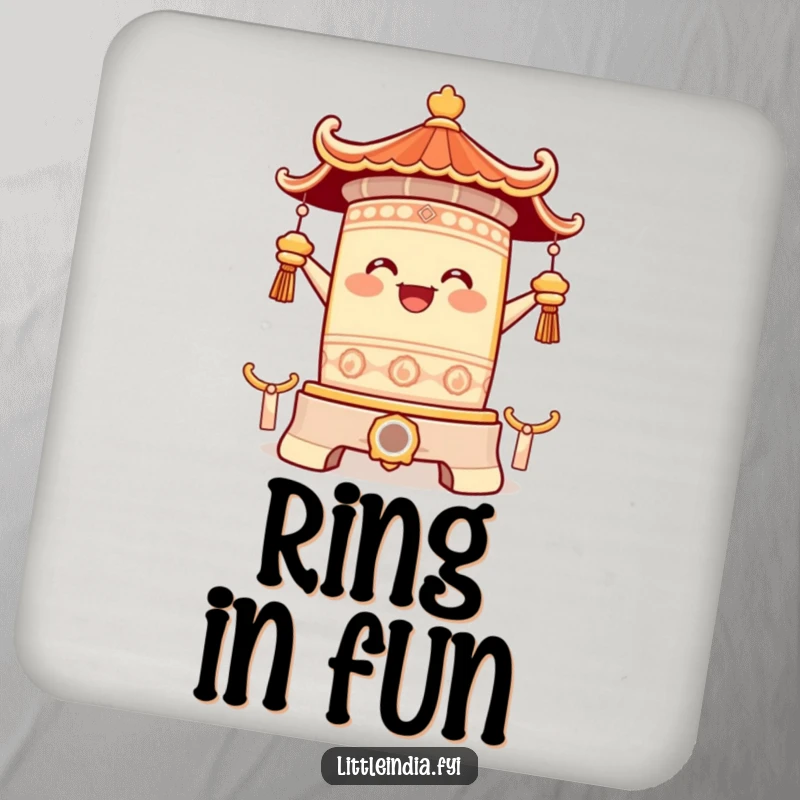 Funny drink coaster featuring a happy temple bell character ringing with pure joy, adding a clear and happy ambiance to any surface while preventing spills.