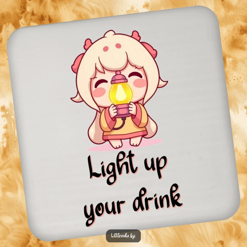 Funny Drink Coasters showcasing a delighted character holding a small, brightly colored lamp, adding a cheerful and illuminating touch to any surface.