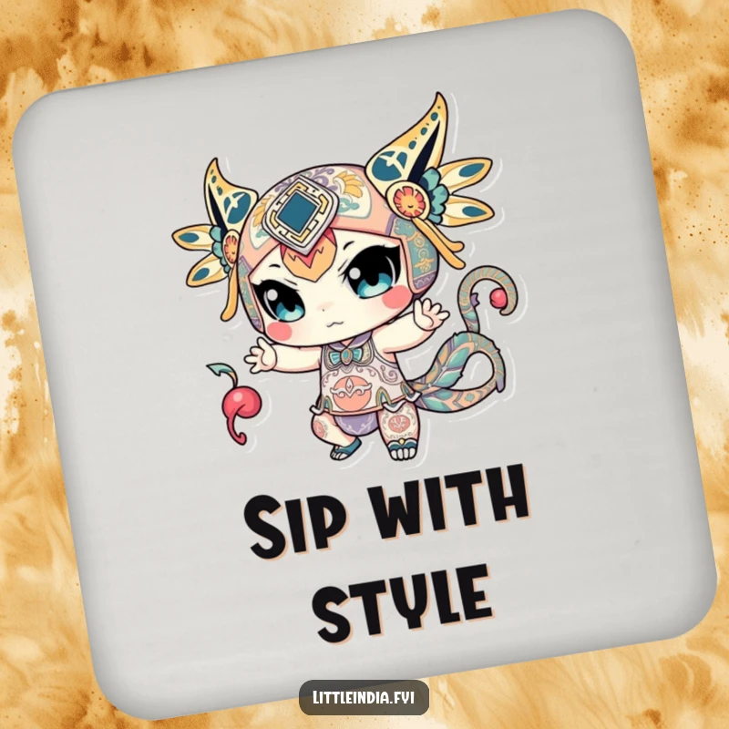 Funny drink coaster featuring a character striking a dynamic pose, adorned with beautiful and intricate artistic patterns.