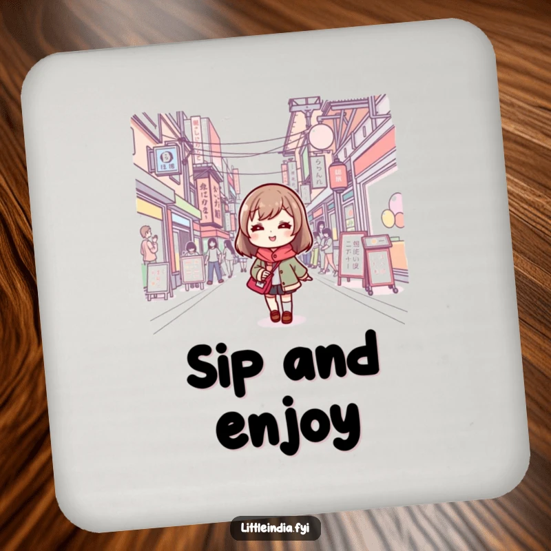 Funny coaster showcasing a cute character joyfully navigating a busy street, protecting furniture with a smile.