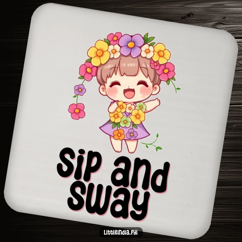 Funny drink coasters showcasing a character adorned with a flower garland, happily swaying, adding floral delight to any setting.