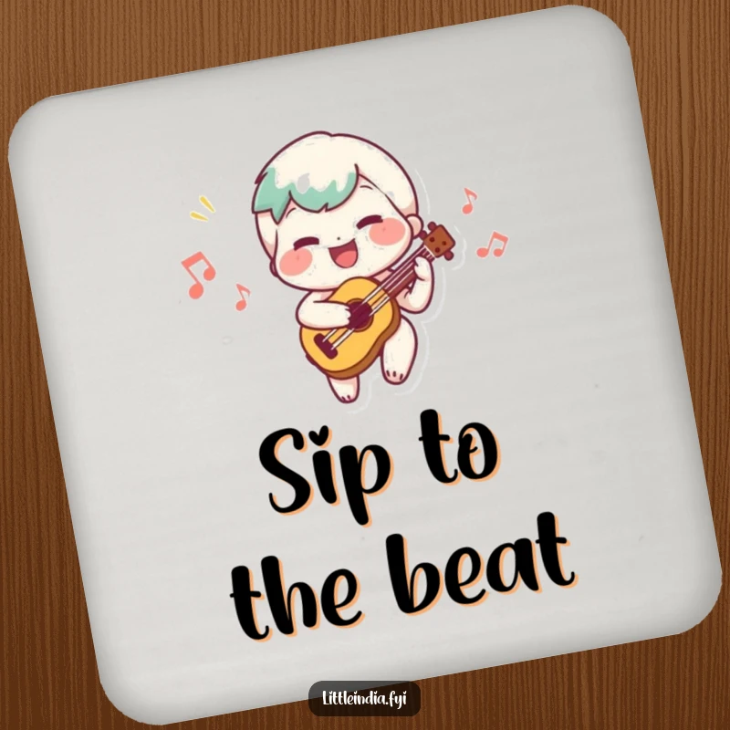 Funny drink coasters with a cheerful character playing a small instrument and a happy tune, perfect for parties.