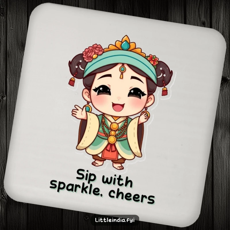 Funny Cultural Coaster: Happy character in traditional jewelry, striking a graceful pose, protecting surfaces with elegance.