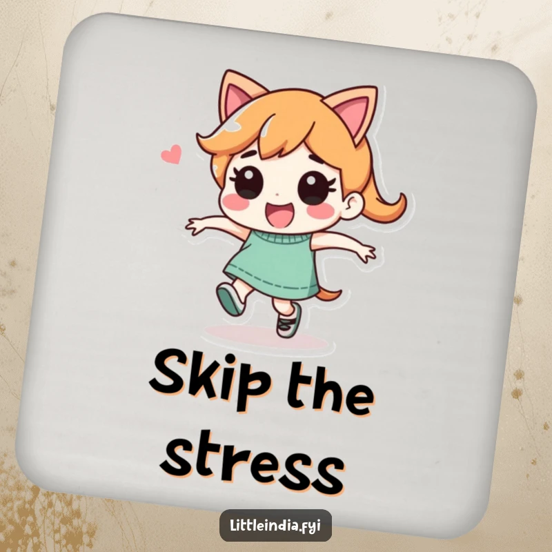 Funny Coaster: Playful character performing a joyful, energetic skip, perfect for protecting surfaces with cheerful flair.