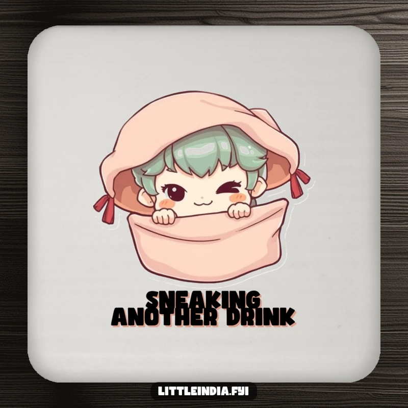 Funny Coaster featuring a mischievous character peeking from a colorful market stall, protecting surfaces with playful humor.