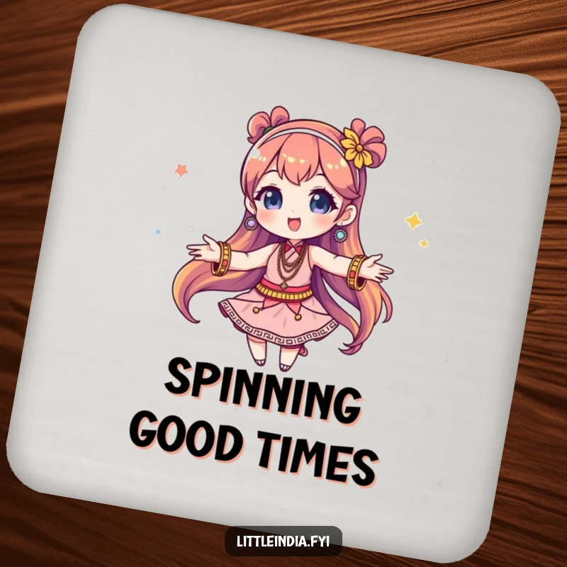 Funny Coaster: A character gracefully twirls, adorned with a cascade of colorful bangles, adding a cheerful and protective element to any surface.
