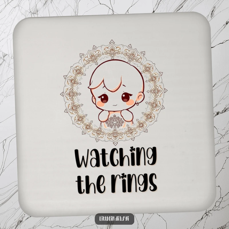 Funny drink coasters illustrating a small character with a curious expression, observing intricate patterns, adding intrigue to your table.