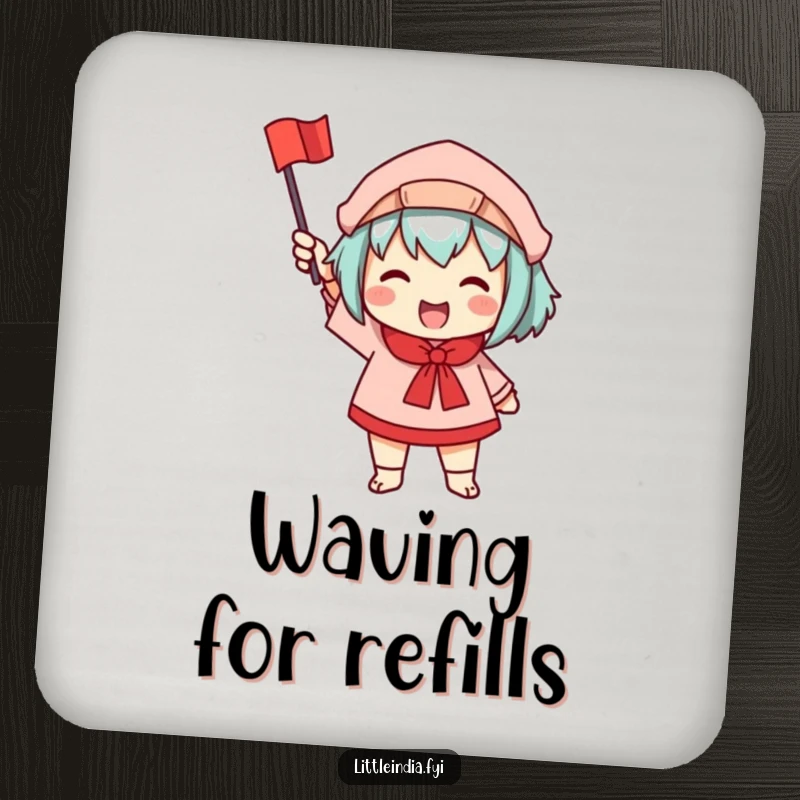 Funny drink coasters illustrating a character enthusiastically waving a small, colorful flag, adding cheer to surface protection.