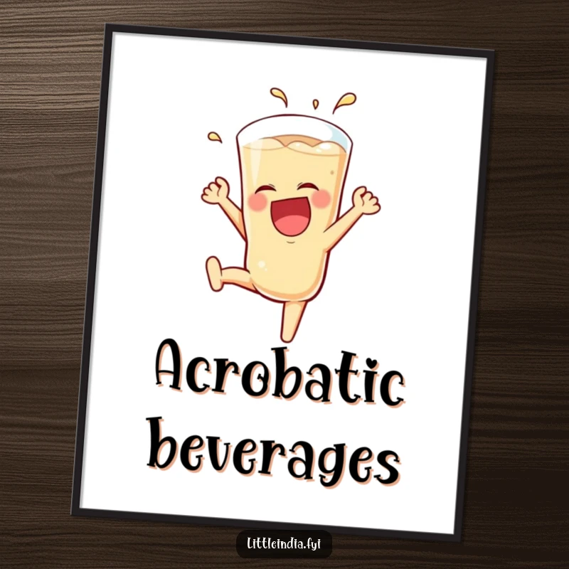 Funny Teh Tarik Poster showcasing a laughing glass performing an energetic somersault, adding a splash of humor and movement to wall decor.