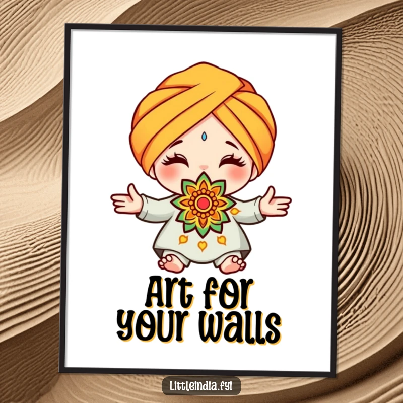 Funny turban rangoli poster featuring a cute character in a turban, presenting a beautifully decorative and colorful rangoli pattern.