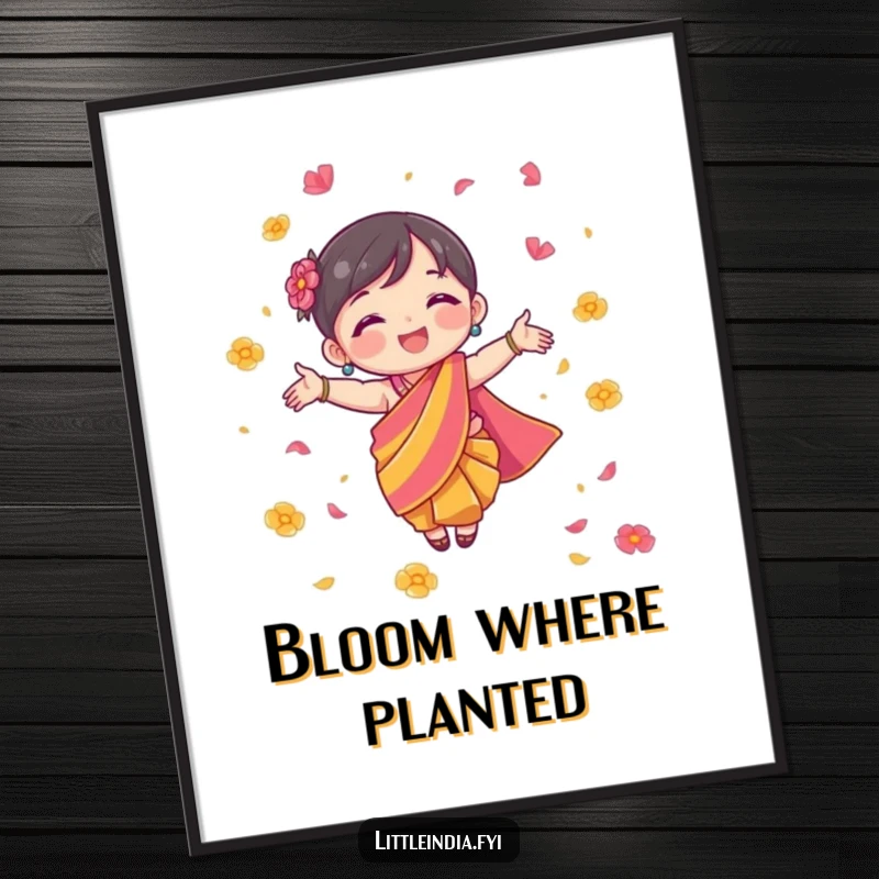 Funny Poster illustrating a small character in a colorful sari, joyfully scattering flower petals with radiance.