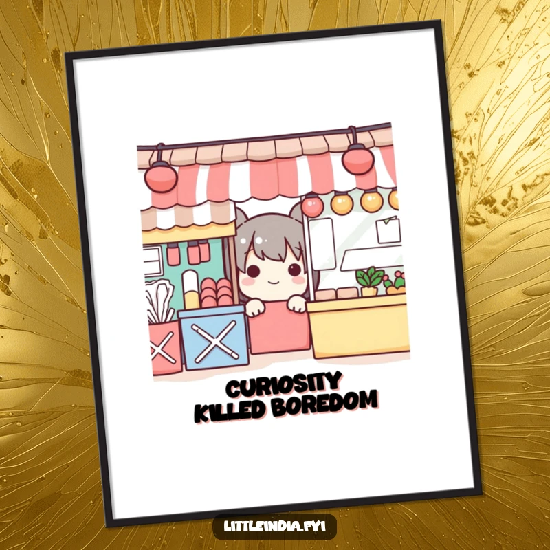 Funny poster art of a playful character peeking from behind vibrant, colorful market stalls, adding a cheerful vibe.