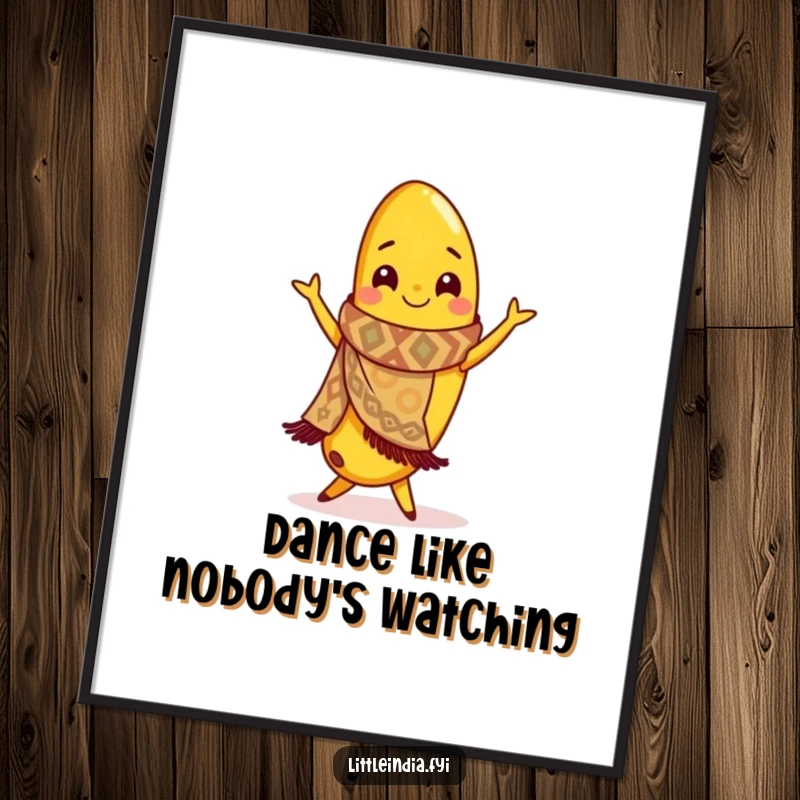 Funny poster of a smiling banana wearing a scarf, performing a lively flamenco dance with vibrant energy.