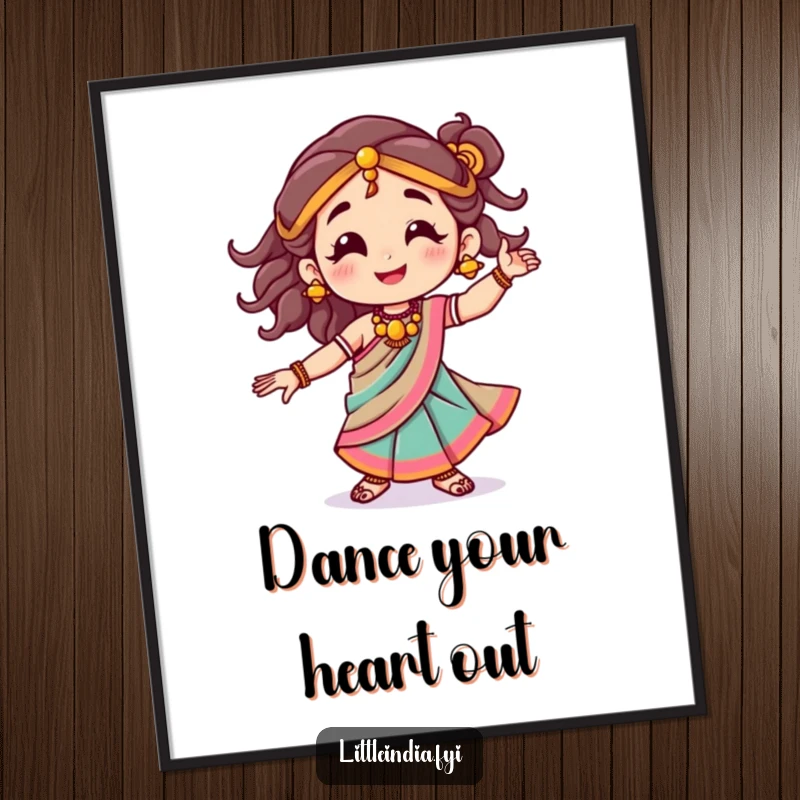 Funny poster art of a smiling character in a colorful sari, dancing with immense joy and vibrancy.