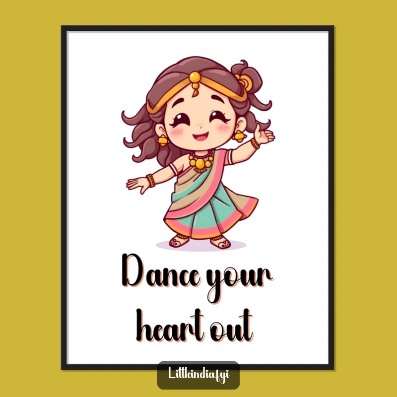 Funny Sari Dance Poster: Joyful Character, Colorful Wall Art, Humorous Celebration Decor