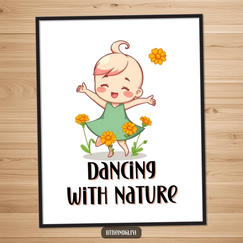 Funny Poster: A happy character captured mid-dance, surrounded by vibrant, small marigold flowers, bringing cheer to any room.