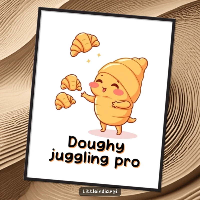 Funny blushing croissant character juggling tiny croissants, looking shy, perfect for kitchen or cafe wall decor.