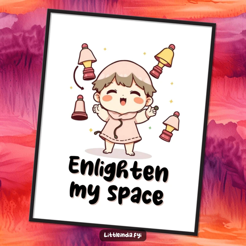 Funny wall poster of a character gleefully juggling multiple tiny lamps, creating a dynamic and humorous visual display.