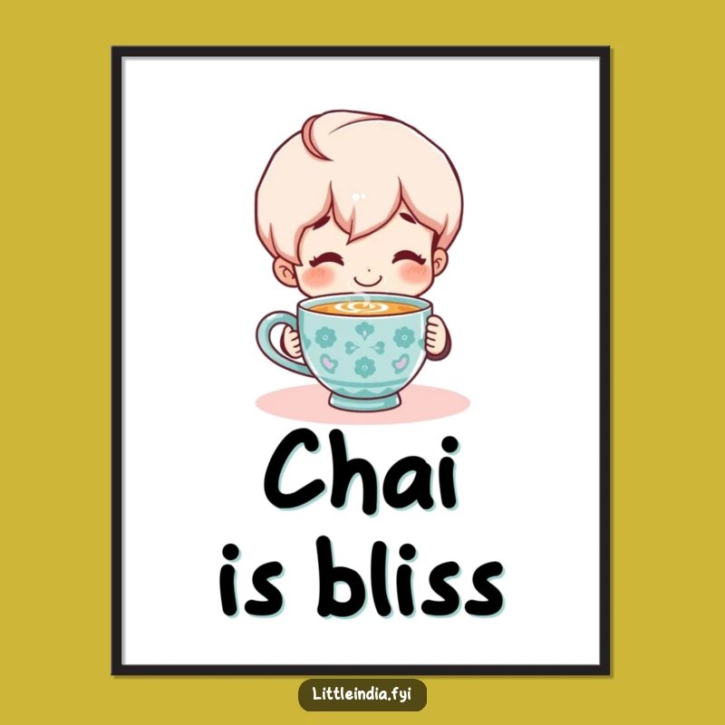 Funny Chai Lover Poster: Smiling Character's Cozy Scene Art, Perfect Funny Gift