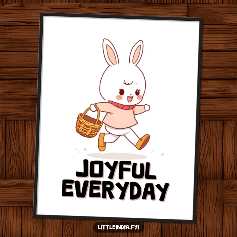 Funny Poster capturing a cheerful character in a joyful skip, holding a small woven basket, bringing a sense of uplifting happiness to any wall.