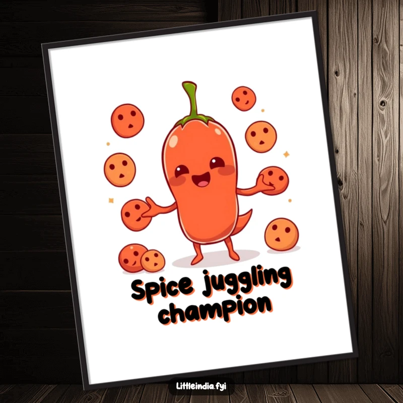 Funny, vibrant illustration of a chili pepper character juggling idlis, perfect for kitchen or dining room wall decor.