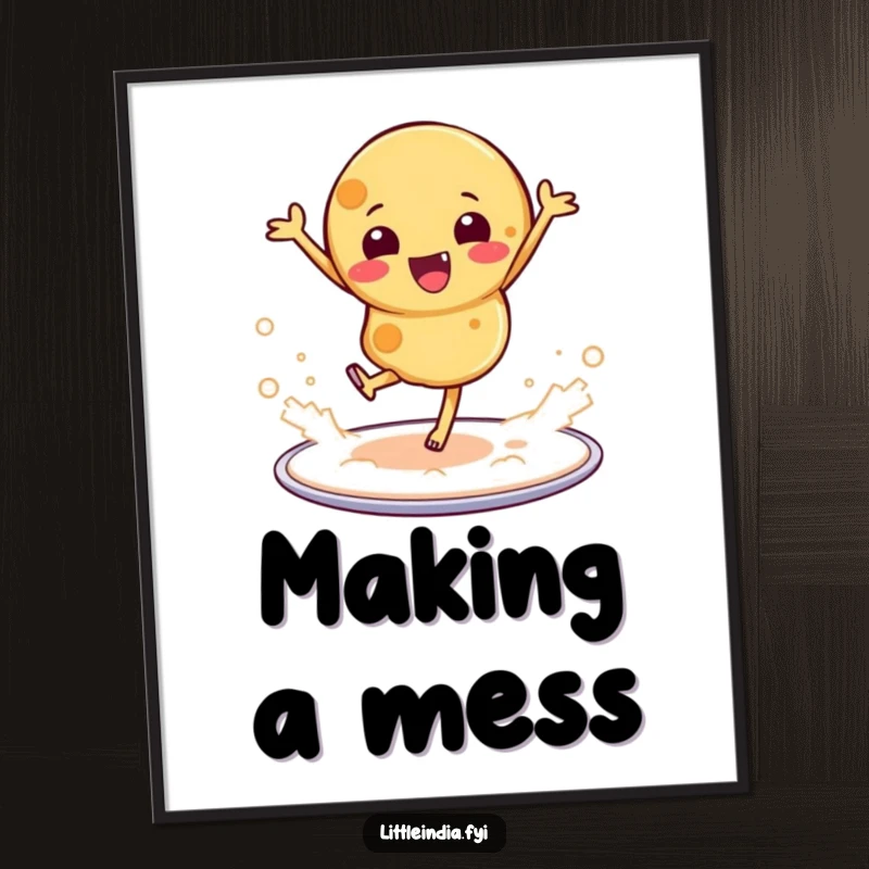 Funny poster showing a roti dancing joyfully on a platter, creating a floury spectacle.