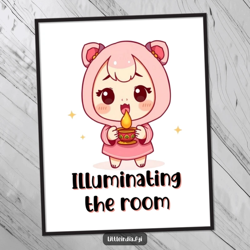 Funny Poster showing an excited character holding a small diya lamp, adding humorous festive decor.