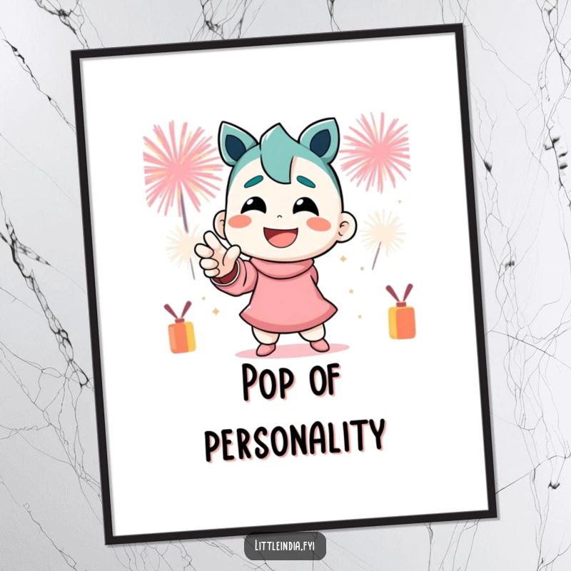 Funny Poster: A smiling character striking a powerful dynamic pose with festive firecrackers bursting energetically behind.