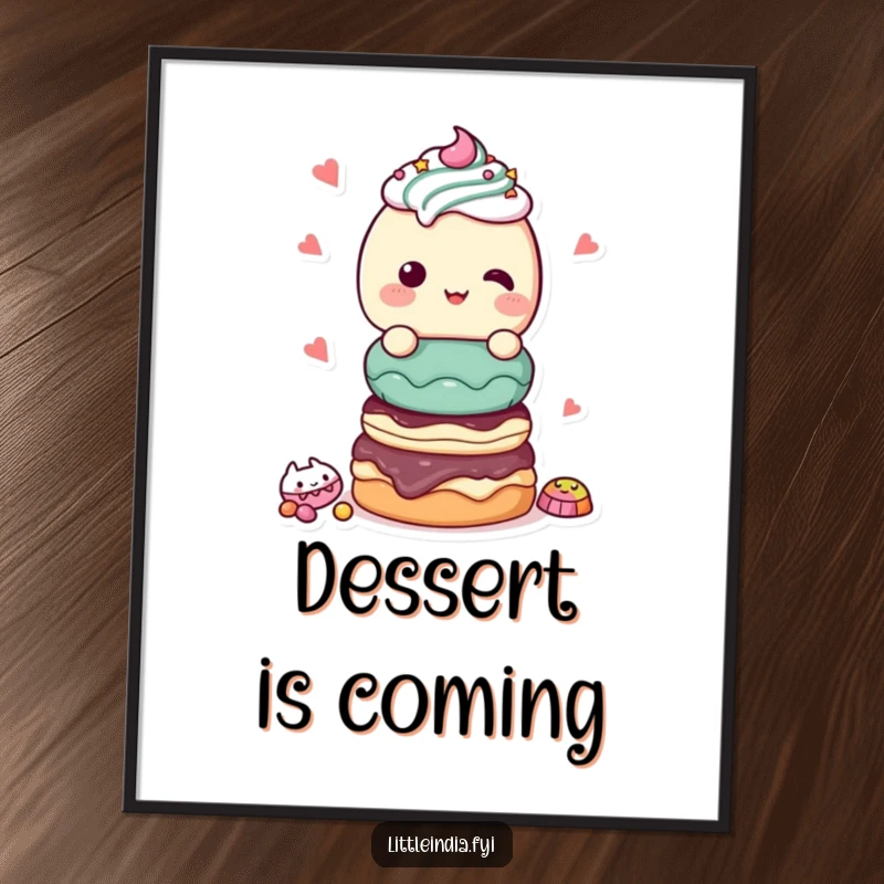 Funny Poster: A giggling character joyfully presenting a delicious stack of sweet treats, perfect for kitchen or dining areas.