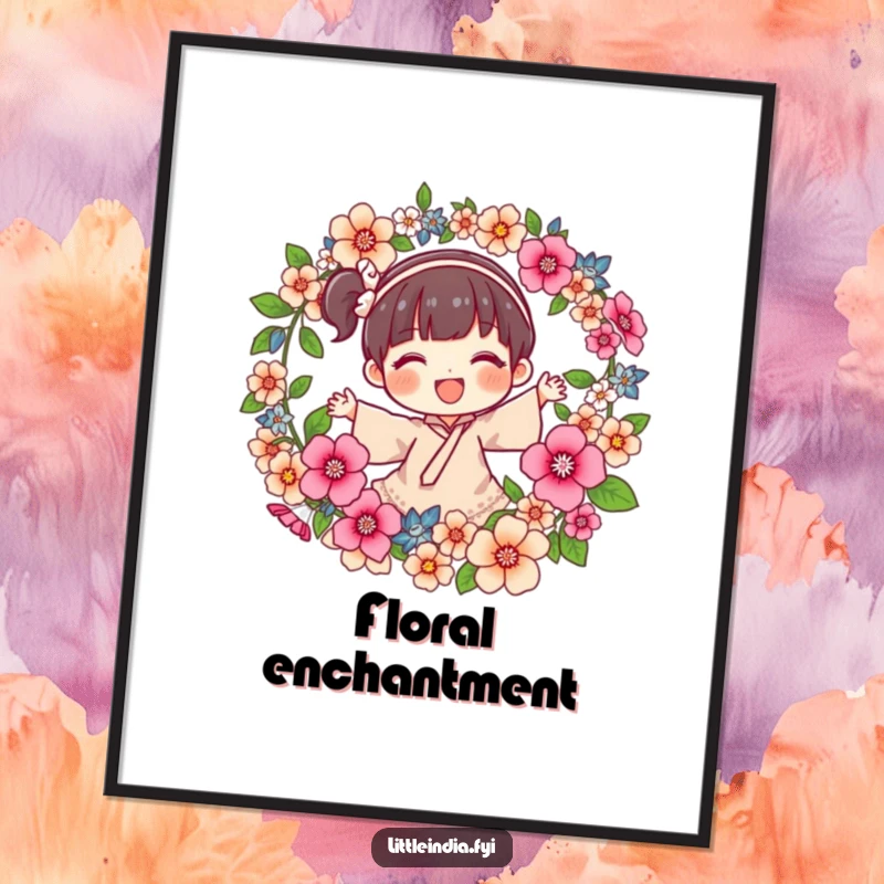 Funny Poster of a joyful character in the process of spinning a fragrant flower garland, bringing natural beauty and whimsical humor to any wall.