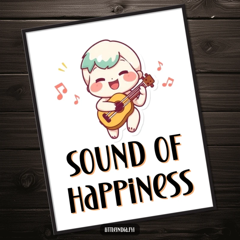 Funny poster illustrating a cheerful character playing a small musical instrument, producing a happy tune with a smile.