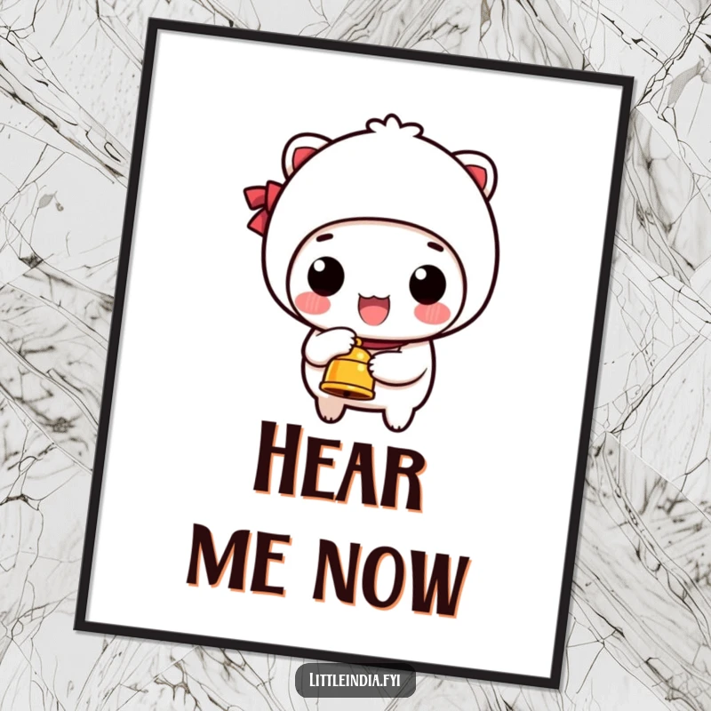 Funny poster of a happy character energetically ringing a small bell, adding a touch of cheerful humor to any room.