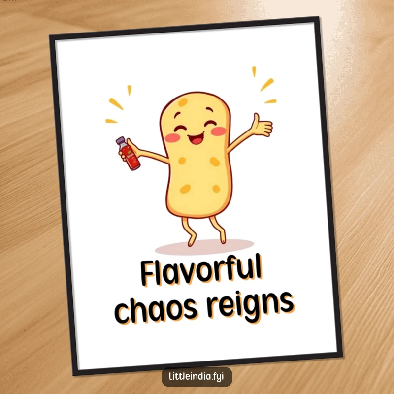 Funny Roti Canai Poster showing a dancing roti canai with arms outstretched, juggling miniature sambal bottles.