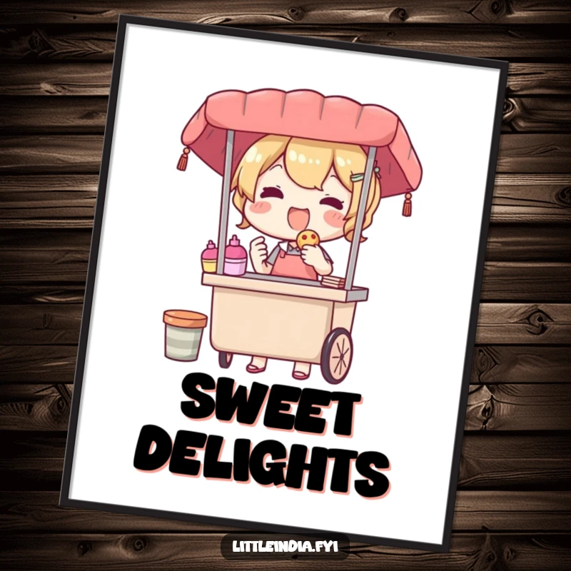 Funny poster featuring a delighted street vendor character offering a treat, radiating warmth and a feeling of pure, happy generosity.