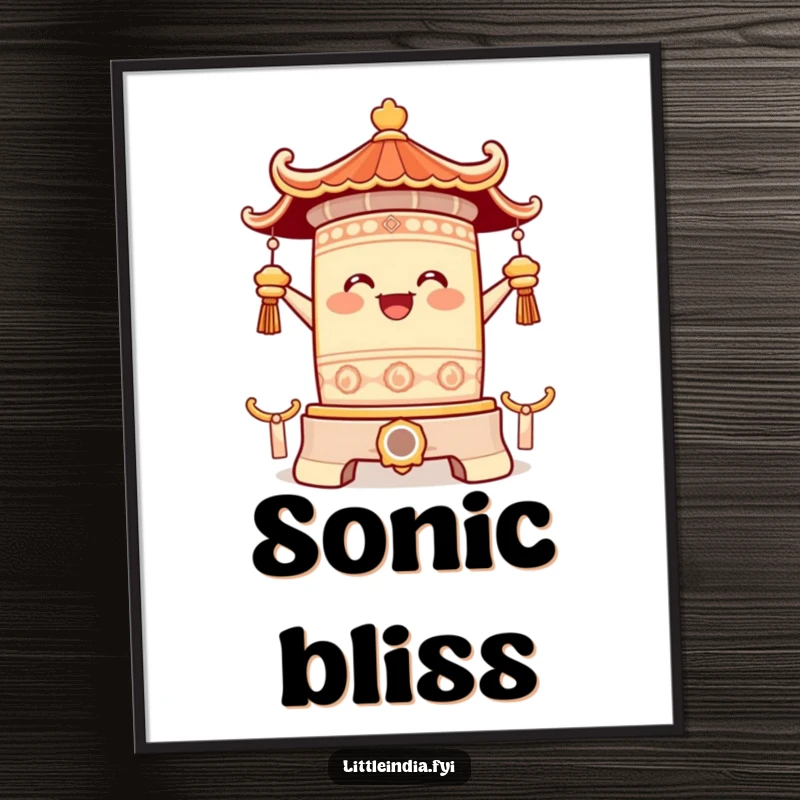 Funny poster featuring a happy temple bell character ringing with pure joy, radiating a clear, uplifting sound and a feeling of unadulterated, vibrant happiness.