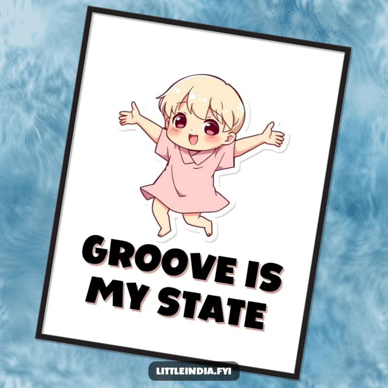 Funny poster print of a character dancing ecstatically, with dynamic, expressive arm swings and a look of pure fun.