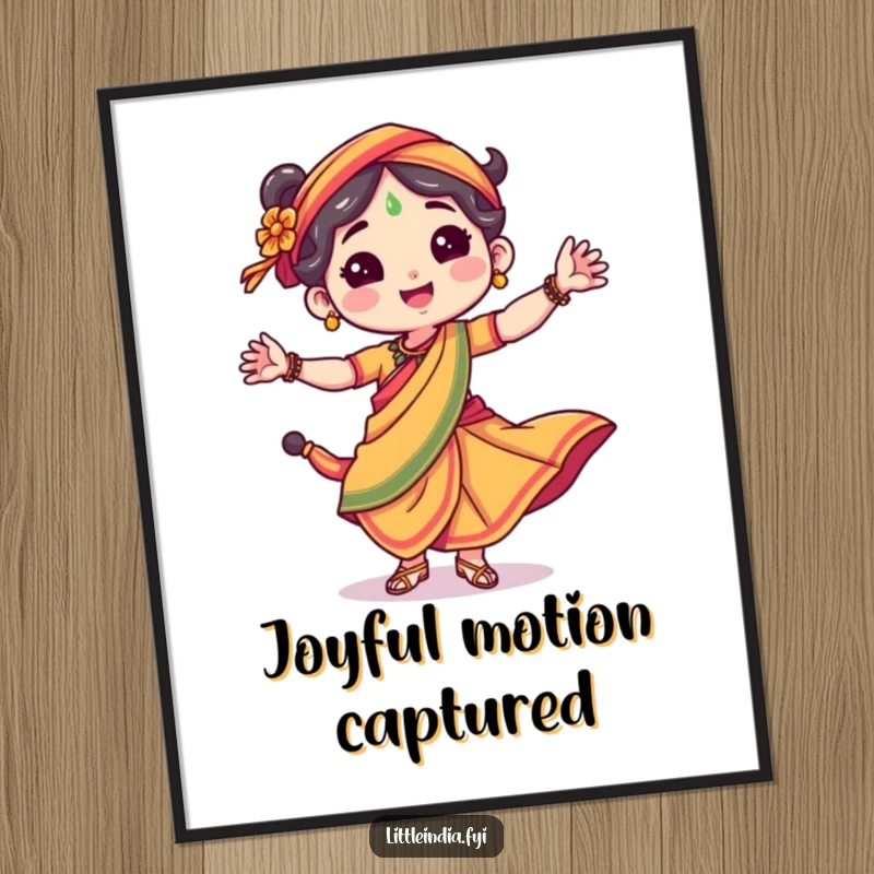 Funny poster of a happy character in a bright sari, captured mid-dance with energetic and joyful movement.