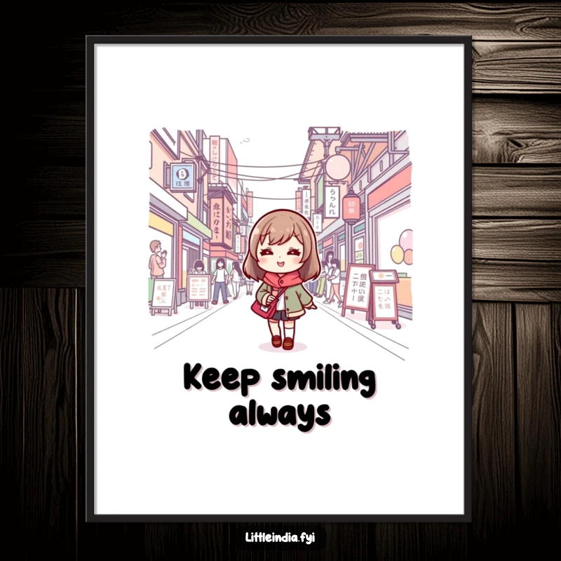 Funny poster art of a cute character with a smile, adventuring through a vibrant, bustling city street.