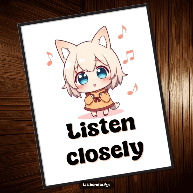 Funny Poster of a surprised character listening intently to distant music, evoking a sense of wonder, curiosity, and the magic of sound.