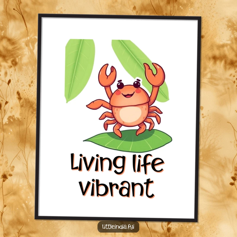 Funny, delighted crab performing a flamboyant dance on a banana leaf, perfect for vibrant wall decor.
